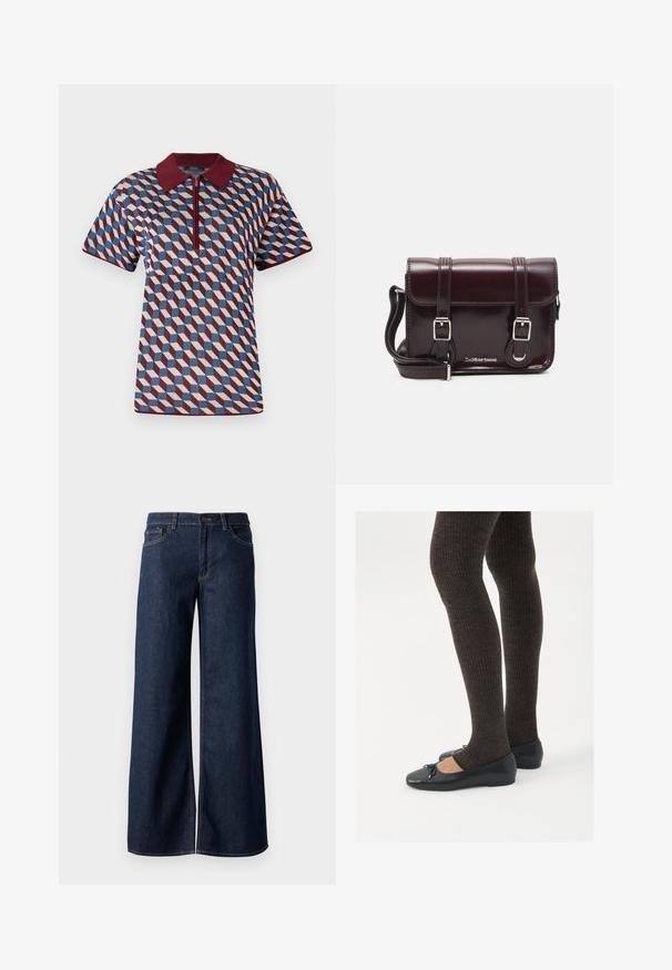 Polo krekls ģeometriskā rakstā ar bordo, zilu un krējuma krāsām, īsām piedurknēm un rāvējslēdzēju ar ribotu apkakli.; Platas kājas džinsi tumši zilā denima krāsā. Iespējas ir kontrastējošās vīles, piecas kabatas un pogu aizdare jostasvietā. Gluda tekstūra.; Melnas plakano formas kurpes ar mazu loku uz pirksta, apvienotas ar tumši brūnām ribotām zeķubiksēm. Kurpēm ir gluda tekstūra un zems profils.; Burgundijas lakotas ādas crossbody soma ar taisnstūrveida formu, divām siksnām, sudraba krāsas aksesuāriem un vāku ar aizdari.