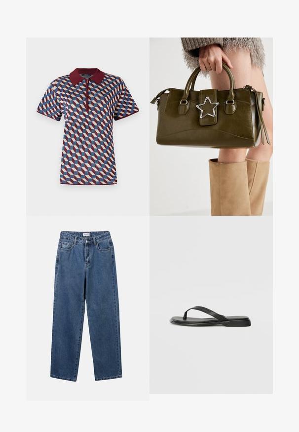 Pikétröja i geometriskt mönster med färgerna vinröd, blå och gräddfärgad, korta ärmar och dragkedjesl closure med ribbat krage.; Klassiska blå denimjeans med rak benform, fem fickor och knäppning. Har en medelblå tvättning och stadig textur.; Svart flip-flop i mjukt läder, med en tunn remdesign och en platt sula med en minimalistisk profil. Inga anmärkningsvärda mönster eller detaljer.; Olivgrön konstläderhandväska med silverstjärna som accent, dubbla handtag och dragkedjestängning. Texturerad yta och strukturerad form.