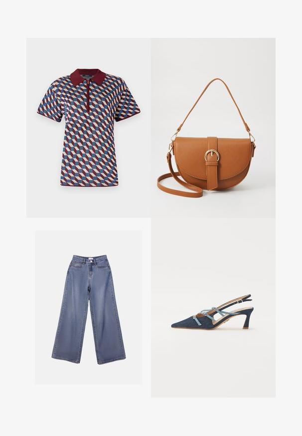 Polo T-shirt med geometrisk mønster i maroon, blå og creme farver, korte ærmer og lynlås lukning med ribbet krave.; Bredde denim jeans i en lys blå vask, med høj talje, forlommer og knaplukning med bæltestropper.; Denim slingback sko, spids tå, lyseblå remme med sløjfer, mellem hæl, struktureret stof, tan indersål, minimal syning, strømlinet design.; Brun læder crossbody taske med en buet form, guldfarvet hardware og en spændeaccent. Har en aftagelig skulderrem.