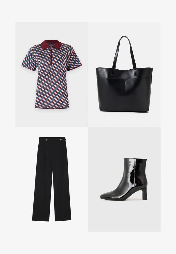 Koszulka polo w geometryczny wzór z maroon, niebieskim i kremowym kolorem, z krótkimi rękawami i zamkiem błyskawicznym oraz ściągaczem przy kołnierzyku.; Czarne szerokie spodnie z wysokim stanem, z detalami w postaci guzików na pasku oraz plisami z przodu.; Czarne lakierowane botki za kostkę z wysmukłym noskiem i średniej wysokości obcasem w kształcie słupka. Gładka tekstura i minimalistyczny design.; Czarna skórzana torba na ramię z dwoma długimi uchwytami, gładką teksturą i sztywną formą. Posiada przednią kieszeń dla dodatkowego przechowywania.