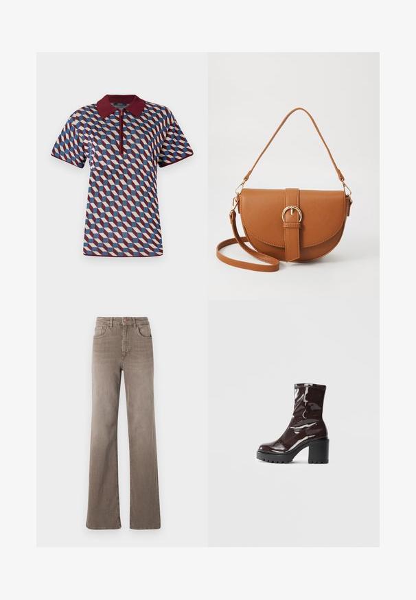 Polo a motivo geometrico caratterizzato da colori bordeaux, blu e crema, maniche corte e chiusura con zip e colletto a coste.; Jeans dritti a vita alta marroni con bottone frontale, passanti per cintura e design classico a cinque tasche su sfondo bianco.; Stivale alla caviglia bordeaux lucido con un tacco spesso nero, caratterizzato da una superficie liscia e un design semplice. Nessuna chiusura visibile o motivo.; Borsa a tracolla in pelle marrone con forma curvata, hardware dorato e un dettaglio con fibbia. Presenta una tracolla rimovibile.