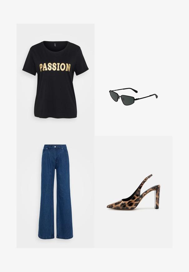 Černé bavlněné tričko s krátkým rukávem a kulatým výstřihem. Na přední straně se nachází zlatý třpytivý nápis "PASSION".; Široké modré džínové kalhoty s vysokým pasem, zapínáním na knoflík a zip, a předními a zadními kapsami na jednobarevném pozadí.; Sandalové lodičky s leopardím potiskem, špičatou špičkou a průhledným blokovým podpatkem. Vyrobené z lesklého materiálu s hladkým povrchem.; Černé sluneční brýle s ostrými rámečky a tmavými skly. Mají tenké, rovné postranní ramena a nosníky pro bezpečné uchycení.; Stříbrný kruhový náušník s lesklým povrchem, zdobený malými zlatými akcenty, v kulatém tvaru, nošený na lalůčku.