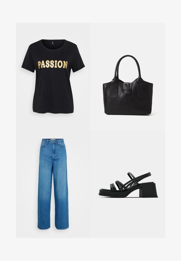 Tricou negru din bumbac cu mâneci scurte și decolteu rotund. Are inscripționat în text auriu sclipitor cuvântul "PASSION" pe partea din față.; Jeanși largi, cu talie înaltă, de culoare albastră, cu închidere frontala prin buton și fermoar, buzunare frontale și posterioare, cu tiv cusut, pe un fundal alb.; Sandale negre cu toc, dotate cu multiple curele subțiri și un toc bloc lat. Design elegant cu o textură mată. Tălpica are o ușoară curbă.; Geantă tote din piele neagră cu textură netedă, formă structurată, două mânere și un detaliu proeminent din aliaj de argint pe partea din față.