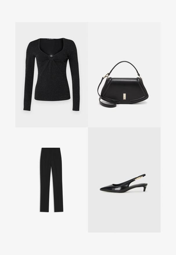 Svart långärmad topp med fyrkantig halsringning, med en samlad detalj i mitten och en dekorerande accent. Tyget har en subtil glans.; Svarta skräddarsydda byxor med rak bendesign, som har framfickor och ett slätt, strukturerat tyg. Prydlig, minimal detaljer.; Svart läder slingback-hälar med spetsig tå, med en smal klack och en guldtonad detalj på den justerbara remmen. Slät textur.; Svart läderhandväska med en strukturerad design, som har en avskuren form, ett handtag upptill och guldiga detaljer. Justerbar axelrem ingår.