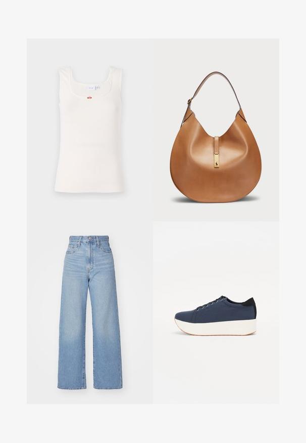 Witte geribbelde tanktop met een vierkante halslijn en smalle bandjes. Heeft een kleine bloemenaccent in het midden van de borst.; Lichtblauwe high-waist wijde jeans met een knoop- en ritssluiting aan de voorkant, voor- en achterzakken, op een witte achtergrond.; Marineblauwe sneaker met een textuurstof bovenwerk, witte platformzool, ronde neus en zwart hakaccent. Voorzien van zes gaatjes voor veters.; Tan leren handtas met een gebogen vorm en een brede schouderband. Heeft een gouden metalen accent in het midden en een gladde textuur.