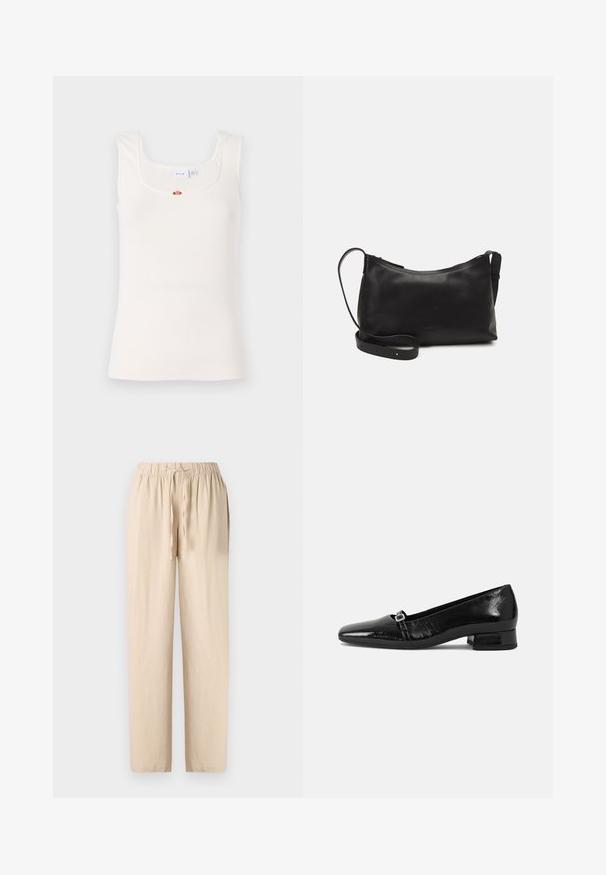Fehér bordázott ujjatlan felső négyzet alakú nyakkivágással és keskeny pántokkal. Középen egy kis virágos díszítéssel rendelkezik.; Beige vászon nadrág rugalmas, húzózsinórral ellátott derékpánttal, egyenes szárú kialakítással és sima textúrával. Könnyű és lélegző anyag.; Fekete lakkbőr balettcipők hegyes orral, alacsony négyzet alakú sarokkal és kis fém csattal a pánton. Simább textúra.; Fekete bőr válltáska sima felülettel, ívelt formával, állítható pánttal és cipzáras záródással. Minimalista dizájn díszítmények nélkül.