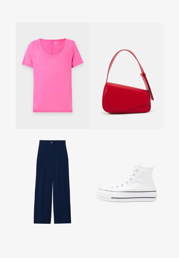 Ružové bavlnené tričko s výstrihom do lodičky a krátkymi rukávmi. Má hladkú textúru a rovný strih, vhodné na neformálne nosenie.; Kvetinová blúzka s dlhými puff rukávmi, svetlovo krémovej farby, so vzormi kvetov v purpurovej, oranžovej a zelenej farbe, a klasickým dizajnom goliera.; Tmavomodré široké nohavice vyrobené z mäkkého materiálu, s prednými záhybmi, gombíkovým zapínaním a dvoma bočnými vreckami.; Biele vysoké plátené tenisky s čiernou gumovou podošvou, prednou gumovou špičkou a šiestimi okami na šnúrky, s čistým, minimalistickým dizajnom.; Červená kožená kabelka s ostrým, geometrickým dizajnom. Má jeden nastaviteľný popruh a uzatváranie na klopu so šitím.