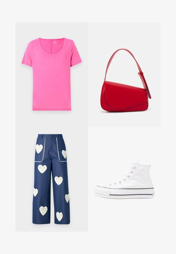 Rozā kokvilnas T-krekls ar apaļu kakla izgriezumu un īsām piedurknēm. Izceļas ar gludu tekstūru un taisnu piegriezumu, piemērots ikdienas valkāšanai.; Sister Jane HEART TO HEART - Džinsi ar taisnām starām - blue denim; Balti augstie kanvas sporta apavi ar melnu gumijas zoli, priekšējo gumijas purngalu un sešām acīm lencēm, kuriem ir tīrs, minimālistisks dizains.; Sarkans ādas rokassomi ar stūrainu, ģeometrisku dizainu. Iekļauj vienu regulējamu siksnu un vāku ar izšūtu detaļu.