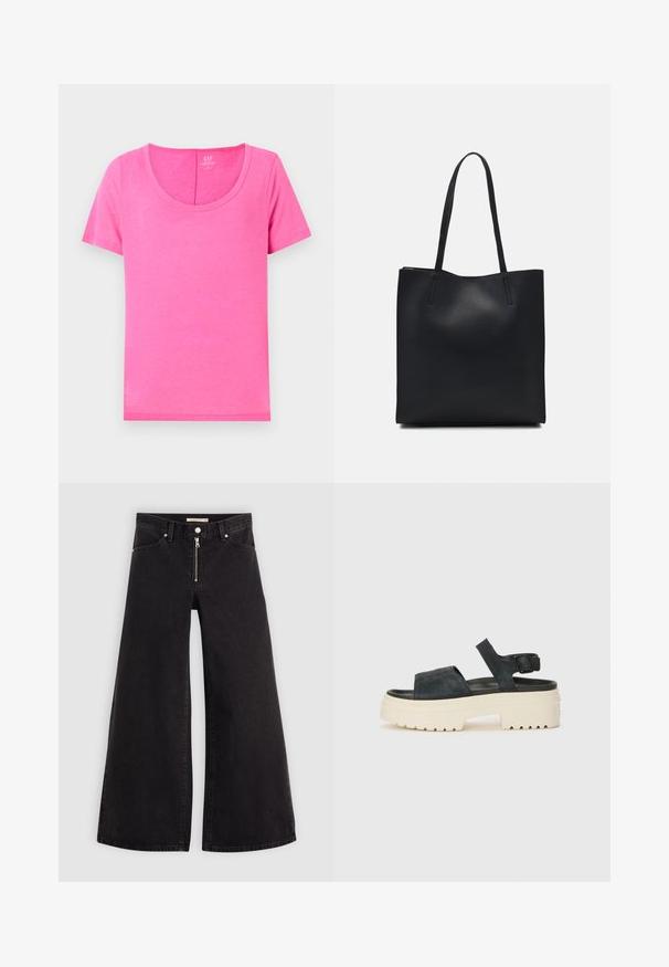Roza bombažna majica s krojem s širokim izrezom in kratkimi rokavi. Ima gladko teksturo in ravno krojenje, primerno za vsakodnevno nošenje.; Široke traperice iz črnega denima z zadrgo spredaj, petimi žepi in diskretnimi šivi. Gladka tekstura in ležeren slog.; Črne nubuk sandale na platformi z debelim belim podplatom, širokim sprednjim trakom in nastavljivim zapenjanjem okoli gležnja. Teksturiran podplat za boljši oprijem.; Črna usnjena torba s svilnato teksturo, pravokotne oblike in dvema dolgima ročajema. Brez vidnih metalnih delov ali okrasnih elementov.