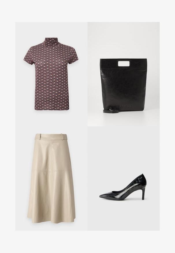 Kurzärmeliges Oberteil mit hohem Kragen in dunklem Violett mit einem geometrischen Muster in Rot und Creme. Leichter Stoff mit glatter Textur.; Beige Leder-Midi-Rock mit glatter Textur, weitem Bund und ausgestellt geschnittenem Saum; mit gesteppten Nähten für zusätzlichen Detailreichtum.; Schwarze spitz zulaufende High Heels mit glänzender Oberfläche und subtilem Texturmuster. Verfügt über einen moderaten Absatz und ein offenes Schlüpfen-Design.; Schwarze Leder-Tote-Tasche mit einem quadratischen Griff, ausgestattet mit einer strukturierten Oberfläche und geprägtem Logo. Inklusive abnehmbarem Tragegurt.