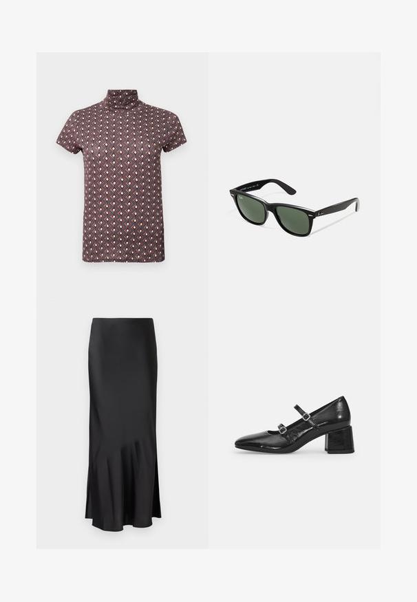 Top de manga corta y cuello alto en púrpura oscuro con un patrón geométrico en rojo y crema. Tejido ligero con textura suave.; Falda midi de satén negro con un diseño elegante, que presenta un ligero vuelo en el dobladillo y una abertura lateral para facilitar el movimiento. Textura suave.; Zapatos Mary Jane de charol negro con punta afilada, dos correas ajustables y tacón cuadrado grueso. Textura suave y acabado brillante.; Gafas de sol de plástico negro con lentes verdes, montura cuadrada, acento plateado en la ceja y brazos texturizados. Marca indicada en el brazo interno.
