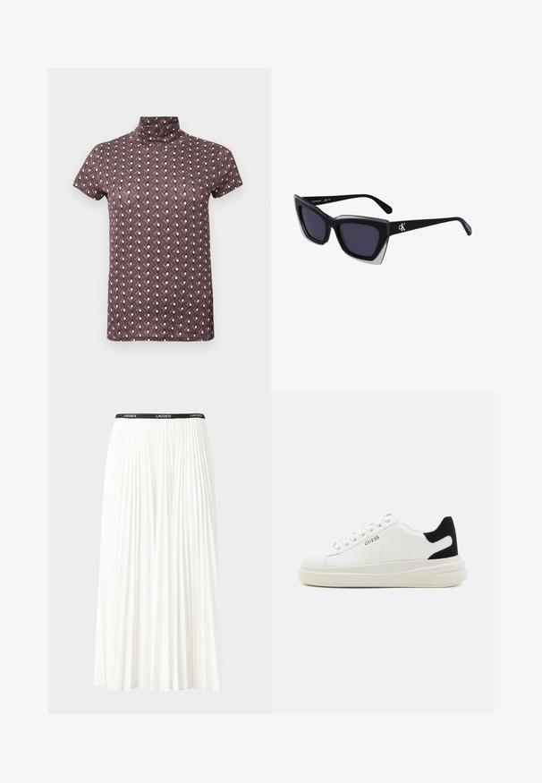 Haut à manches courtes et col montant, de couleur violet foncé avec un motif géométrique rouge et crème. Tissu léger avec une texture lisse.; Jupe plissée blanche avec une taille élastique noire portant le logo "LACOSTE". Design mi-long avec une texture douce.; Baskets en cuir blanc avec une épaisse semelle blanche, un accent en daim noir au niveau du talon et un logo embossé sur le côté. Design à lacets avec six œillets.; Lunettes de soleil noires surdimensionnées avec une forme géométrique, dotées de verres foncés et d'un détail gris contrastant sur la monture. Logo sur la branche.