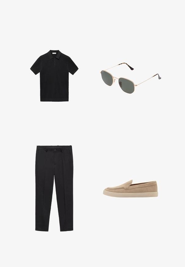 Mango ANDREW - Poloshirts - black; Sorte skræddersyede bukser lavet af glat stof, med flad front, bæltestropper og sidelommer. Lige ben-design.; Beige ruskinds slip-on sko med en rund tå og syning detaljer. Lysfarvet gummisål med et lavprofileret design.; Guldmetallisk brille med mørkegrønne linser, aviator-stil, med slanke arme og skildpadde-mønstrede detaljer på spidserne.