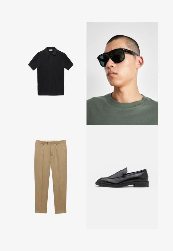 Mango ANDREW czarny; Beżowe lniane spodnie o prostym kroju, z pojedynczym zapięciem na guzik, paskami do pasa oraz dwiema kieszeniami po bokach. Gładka tekstura, lekki materiał.; Czarne skórzane mokasyny o gładkim wykończeniu, z zaokrąglonym noskiem i wąskim paskiem na górze. Niski, warstwowy obcas.; Czarne prostokątne okulary przeciwsłoneczne z ciemnymi szkłami, o charakterystycznym kształcie i logo na zauszniku. Noszone przez osobę w zielonej koszuli.