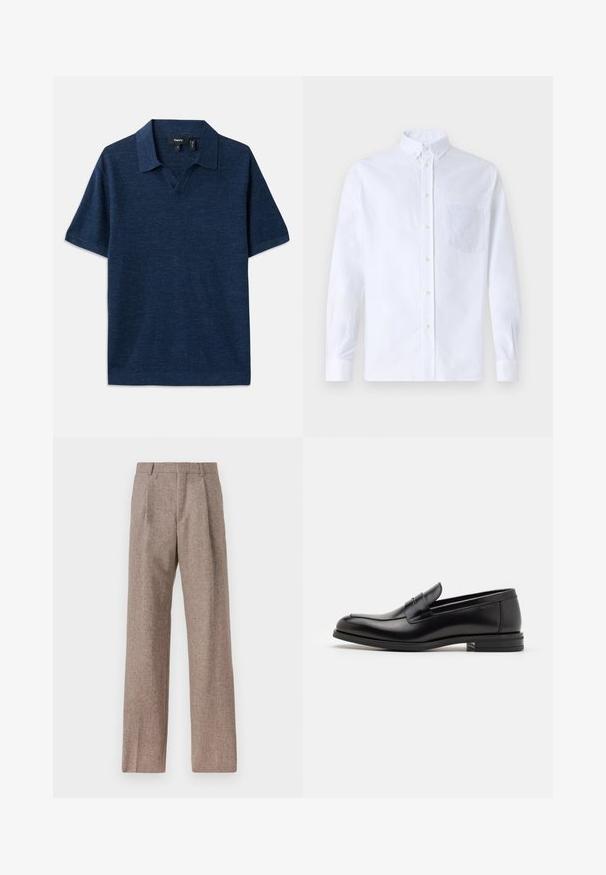 Námořnická modrá polokošile s krátkými rukávy, výstřihem do V, texturovanou tkaninou a plochým límcem. Obsahuje jemný vzor po celém povrchu.; Bílá dlouhá košile s knoflíky vyrobená z bavlny, která má náprsní kapsu s tónovanou výšivkou, límec a knoflíkové manžety.; Hnědé kalhoty s vysokým pasem vyrobené z texturované látky. Mají široké nohavice a dva přední sklady pro strukturu. Úhledné provedení bez viditelné kovových částí.; Černé kožené polobotky s hladkou texturou, zaoblenou špičkou a zdobným páskem přes nárt. Nízký stohovaný podpatek, minimalistický design.