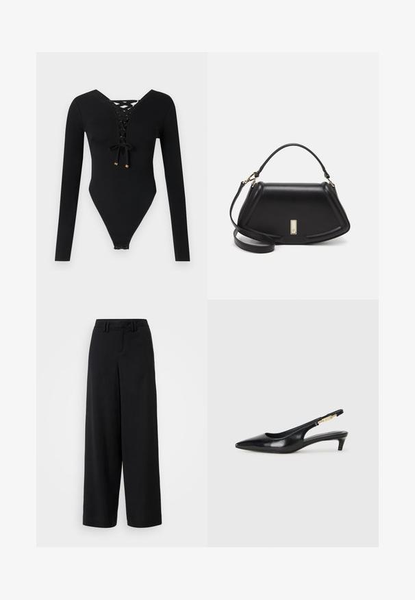 Elisabetta Franchi Long sleeved top - nero; Black wide-leg trousers made of smooth fabric, featuring a flat-front design, pleated details, and belt loops at the waistband.; Black leather slingback heels with a pointed toe, featuring a slim heel and a gold-tone accent on the adjustable strap. Smooth texture.; Black leather handbag with a structured design, featuring a cropped shape, top handle, and gold hardware accent. Adjustable shoulder strap included.