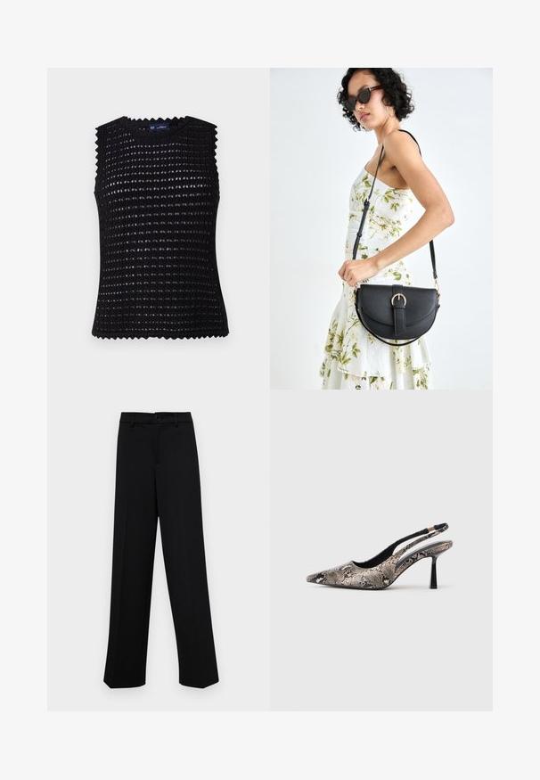 Black sleeveless top with textured grid pattern, round neckline, and scalloped edges. Made from a lightweight, breathable material.; Black wide-leg trousers made of smooth fabric, featuring a classic waistband with a button closure and front pleats.; Pointed-toe slingback shoes made of textured snake print material, featuring a slender black heel and a cutout design on the sides.; Black leather handbag with a curved shape, detachable strap, and gold hardware. The bag features a flap with a buckle detail.