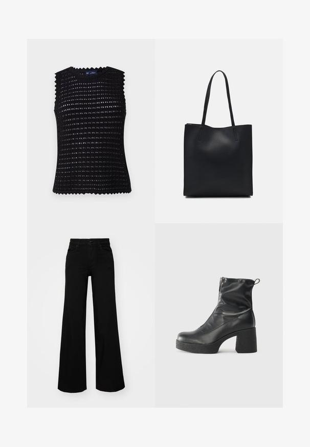 Crna bezrukavna majica s teksturiranim mrežastim uzorkom, okruglim izrezom i valovitim rubovima. Izrađena je od laganog, prozračnog materijala.; Crne široke traperice s čvrstim pojasom, petljama za remen i prednjim džepovima. Gladak teksturirani materijal s klasičnim dizajnom.; Crne gležnjače od glatke kože, s bočnim zatvaračem, debelim teksturiranim potplatom i dizajnom s zaobljenim prstima.; Crna kožna torba za nošenje s glatkom teksturom, pravokutnim oblikom i dvije duge ručke. Nema vidljivih metalnih dijelova ili ukrasa.