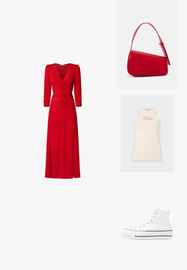 Geripptes, ärmelloses Top in hellem Beige mit rotem "REPLAY Monte Carlo Country Club" Logo. Es zeichnet sich durch einen hohen Ausschnitt und ein einzigartiges Schulterdesign aus.; Rotes Kleid mit V-Ausschnitt, 3/4-Ärmeln und Raffung an der Taille und am Rücken. Der Stoff wirkt glatt und leicht.; Weiße hochwertige Leinensneaker mit schwarzer Gummisohle, vorderem Gummizehenschutz und sechs Ösen für Schnürsenkel, die ein sauberes, minimalistisches Design aufweisen.; Rote Lederhandtasche mit einem kantigen, geometrischen Design. Verfügt über einen verstellbaren Schulterriemen und einen Klappenverschluss mit genähten Details.