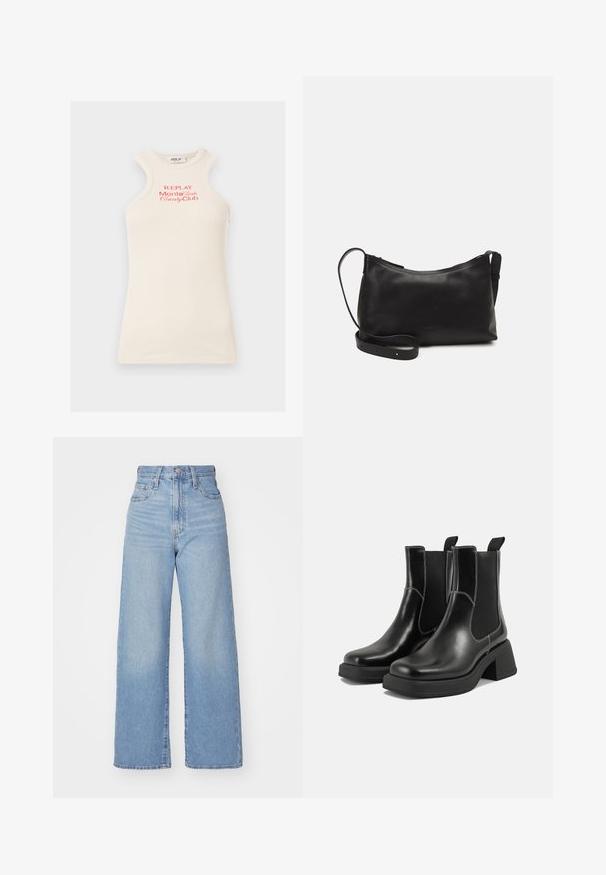 Ribbed, sleeveless top in light beige with red "REPLAY Monte Carlo Country Club" logo. Features a high neckline and unique shoulder design.; Light blue high-waist wide-leg jeans with front button and zip closure, front and back pockets, on a white background.; Black leather Chelsea boots with a chunky heel, elastic side panels, and contrasting white stitching. Textured finish.; Black leather shoulder bag with a smooth texture, curved shape, adjustable strap, and a zip closure. Minimalist design without embellishments.