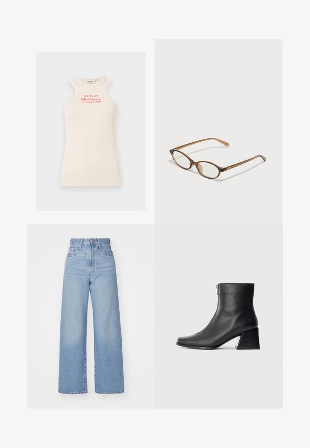 Geripptes, ärmelloses Top in hellem Beige mit rotem "REPLAY Monte Carlo Country Club" Logo. Es zeichnet sich durch einen hohen Ausschnitt und ein einzigartiges Schulterdesign aus.; Hellblaue High-Waist-Weite-Leg-Jeans mit Knopf- und Reißverschluss vorne, Vorder- und Rückentaschen, auf weißem Hintergrund.; Schwarze Lederstiefelette mit quadrater Zehenform, seitlichem Reißverschluss und Blockabsatz vor einem schlichten hellen Hintergrund.; Braune Schildpatt-Brille mit ovalen Gläsern, dünnen Bügeln und transparenten Akzenten. Verfügt über ein dezentes Logo am Bügel. Elegantes, leichtes Design.
