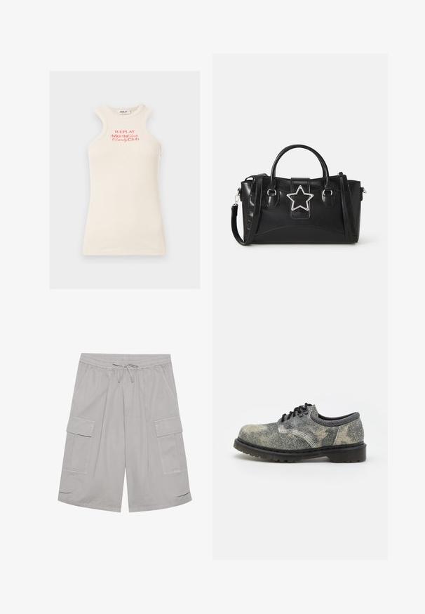 Top cu mânecă fără mâneci, cu nervuri, de culoare bej deschis, având logo-ul roșu "REPLAY Monte Carlo Country Club". Prezintă un decolteu înalt și un design unic al umerilor.; Pantaloni scurți cargo gri, cu talie elastică, închidere cu șnur, două buzunare laterale și două buzunare mari cargo. Textură de material neted.; Pantof cu șireturi dintr-un material texturat gri, cu accente negre, talpă groasă din cauciuc și detalii de cusătură albă. Design cu vârf rotund.; Geantă neagră din piele ecologică, cu un accent argintiu în formă de stea, mânere duale și o curea de umăr ajustabilă.