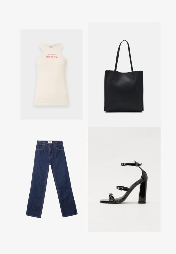 Hladký, bezramenný top v světle béžové barvě s červeným logem "REPLAY Monte Carlo Country Club". Obsahuje vysoký límec a unikátní design ramenních částí.; Tmavě modré džíny rovného střihu s předními kapsami, poutky na opasek a zapínáním na knoflík.; Černé lakované sandály na podpatku se čtveratou špičkou, lýtkovými pásky a stříbrnými přezkami. Disponují masivním blokovým podpatkem pro stabilitu.; Černá kožená taška přes rameno s hladkým povrchem, obdélníkovým tvarem a dvěma dlouhými uchy. Žádné viditelné kování ani ozdoby.
