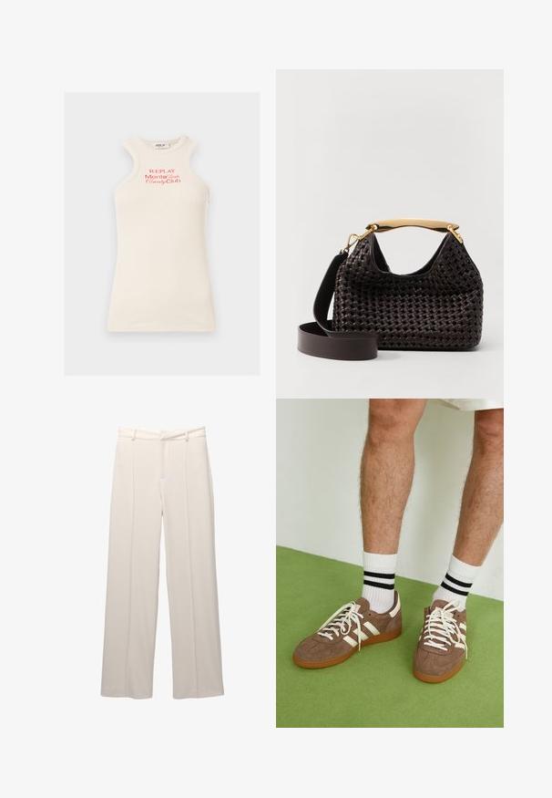Top senza maniche a coste in beige chiaro con logo rosso "REPLAY Monte Carlo Country Club". Caratterizzato da un collo alto e un design unico delle spalle.; Pantaloni a gamba larga in tessuto beige chiaro con una texture liscia. Presentano una vita aderente, pieghe frontali e nessuna tasca visibile.; Sneaker in suede marrone con dettagli e lacci bianchi. Suola in gomma color gomma. Indossati con calzini bianchi con righe nere. Pavimento verde texturizzato.; Elleme BOOMERANG WOVEN - Borsa a mano - brown