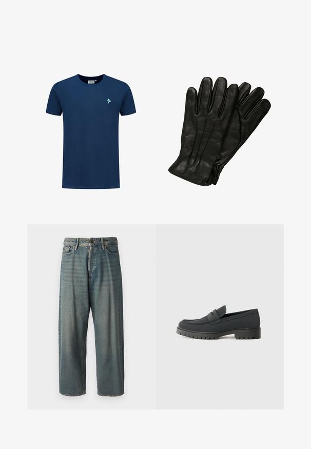 Tamsiai mėlyna trumpomis rankovėmis marškinėliai iš medvilnės. Pasižymi mažuoju šviesiai mėlynu koralų emblema kairėje krūtinės pusėje. Standartinė apvalios kaklo iškirptė.; Šviesiai mėlyni džinsai su laisvu siluetu, vidutinio aukščio juosmeniu ir tiesiomis kojomis. Su penkiais kišenėmis, diržo kilpo ir mygtukų uždarymu.; Juodi loafers batai su lygiu, matinio paviršiaus, turintys apvalią nosį ir storą, tekstūruotą padai. Pabrėžti priekinės juostos akcentu.; Juodos odinės pirštinės su lygiu paviršiumi, penkiomis pirštų dalimis ir subtiliais siuvinėjimo akcentais. Klasikinis dizainas, tinkantis šaltu oru.