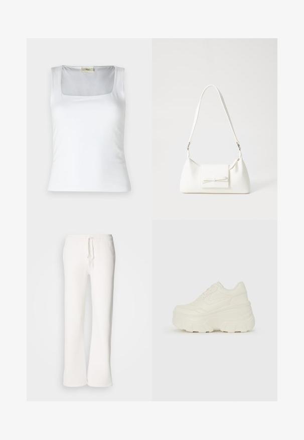 Witte tanktop met vierkante halslijn, gemaakt van zachte stof. Beschikt over brede bandjes en een aansluitende pasvorm. Geen zichtbare patronen of versieringen.; Witte, relaxed-fit joggingbroek van zachte stof, met een elastische tailleband en een trekkoord, en een rechte pijp.; Witte platform sneakers met een gladde leren bovenkant, afgeronde vorm, gewatteerde kraag en een gestructureerde rubberen zool met duidelijke profiel.; Witte synthetische handtas met een driehoekige vorm, platte voorklep en strikdetail, verstelbare schouderriem, gladde textuur en minimalistisch ontwerp.