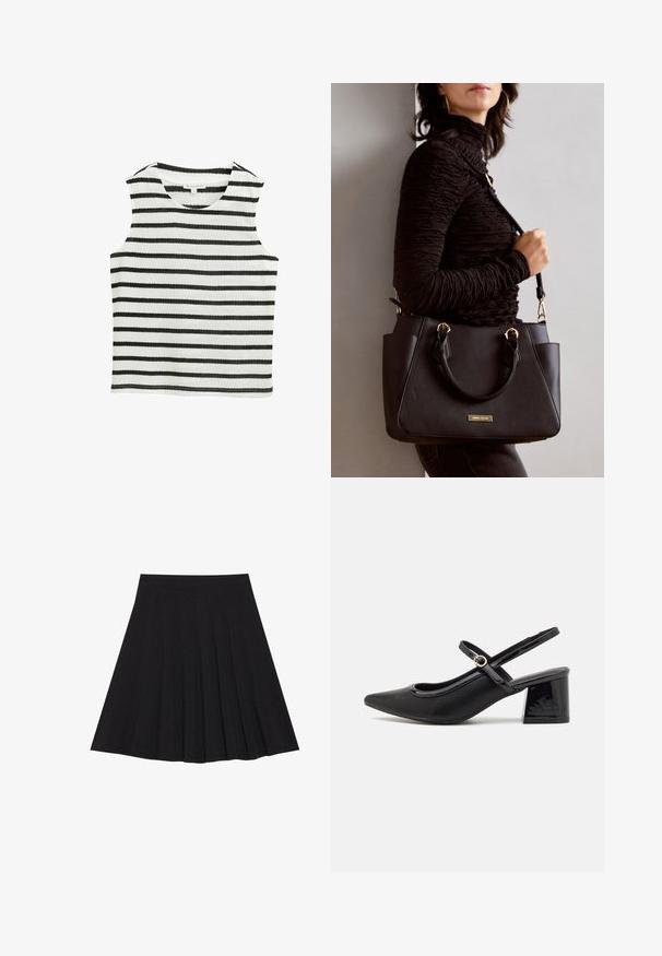 Majica bez rukava v črno-belem horizontalnem črtastem vzorcu, izdelana iz mehkega blaga. Ima okroglo ovratnico in ravno dno.; Črna plisirana krila iz strukturiranega materiala s prilegajočim pasom. Segajo do kolen in ponujajo gladko, čisto silhueto.; Črne patentne usnjene salonarce s slingback obliko, s koničastim nosom, zaobljenim izrezom in blok peto. Imajo zlato kovinsko zaponko kot dodatno okrasje.; Črna torbica z teksturirano površino, z dvema zgornjima ročajema in nastavljivim ramenskim pasom. Ima zlatovrateče dodatke in stranske žepe.