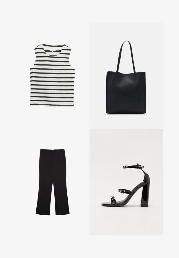 Ärmelloses Top in schwarz-weißem Streifenmuster, gefertigt aus weichem Stoff. Verfügt über einen runden Halsausschnitt und einen geraden Saum.; Schwarze Hose mit geradem Schnitt, ausgestattet mit Fronttaschen und Seitenschlitzen am Saum. Hergestellt aus weichem, glattem Stoff. Geeignet für verschiedene Anlässe.; Schwarze patentierte Sandalen mit Absatz, quadratischer Spitze, Knöchelriemen und silbernen Schnallen. Mit einem stabilen Blockabsatz für mehr Stabilität.; Schwarze Laptoptasche aus Leder mit glatter Textur, rechteckiger Form und zwei langen Griffen. Keine sichtbaren Beschläge oder Verzierungen.