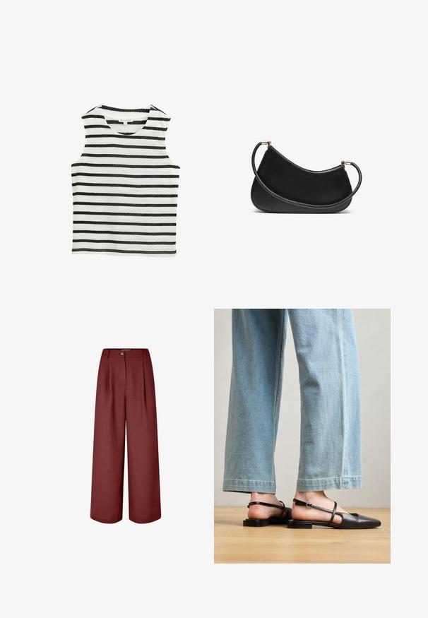 Ærmeløs top i sort og hvid vandret striber, lavet af blødt stof. Har en rund halsudskæring og en lige kant.; Videbenede bukser i en rig bordeauxfarve, lavet af glat stof. Har en talje, forreste folder og en enkelt knaplukning.; Sorte læder slingback-sko med spidse tæer, flad hæl og ankelrem; båret med lyseblå viddebenede jeans.; Sort læder skuldertaske med en buet design, der har en tekstureret rem og hardware i guldtonet ved lukningen for oven. Glat finish.; Sæt af guldfarvede øreringe med forskellige designs, herunder studs, hoops og hængende modeller med perler og rhinsten.