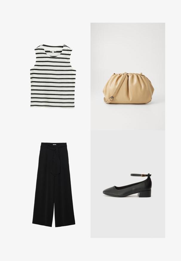 Mustata särk mustade ja valgete horisontaalsete triipudega, valmistatud pehmest kangast. Omab ümmargust kaelust ja sirget ääret.; Mustad laiad püksid, millel on tekstureeritud kangas, elastne vöökoht ja eemaldatav pael vööst, et reguleerida sobivust.; Must mustaapp, millel on terav nina ja madal blokk-kand. Omab pahkluu rihma koos kuldse tooni pandlaga. Sile tekstuur.; Kohvitooni nahkkott, millel on pleekitud disain, reguleeritav rihm ja ümar kuju. Minimalistlik bränding esipinnal.