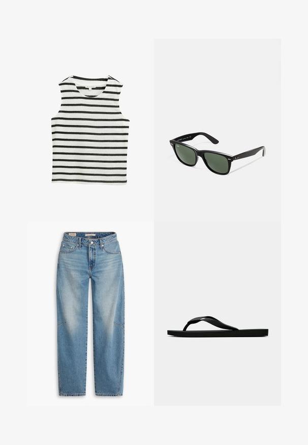 Ærmeløs top i sort og hvid vandret striber, lavet af blødt stof. Har en rund halsudskæring og en lige kant.; Lyseblå denimjeans med løs pasform, lige ben, knapgylp og fem-lomme-stil med subtile falme- og syningsdetaljer.; Sorte gummiflip-flopsandaler med en tekstureret rem og simpel flad sål, vist fra siden på en lys ensfarvet baggrund.; Sorte plastiksolkaber med grønne linser, firkantede stel, sølvaccent på brynene og teksturerede templede arme. Angivet mærke på den indre arm.