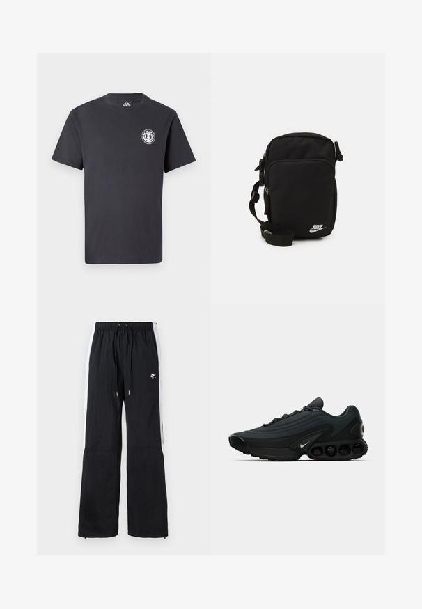 Czarna bawełniana koszulka z krótkim rękawem, okrągłym dekoltem i małym logo graficznym po lewej stronie na piersi. Gładka faktura i casualowy design.; Czarne spodnie sportowe z elastycznym pasem, białymi pasami po bokach, mankietami na zamek oraz gumowanym logo z przodu.; Czarne buty sportowe z teksturowanej tkaniny, zakrzywiony fason, wyraźna środkowa podeszwa i widoczne elementy amortyzujące. Zawierają biały detal z logo.; Czarna nylonowa torba na ramię z regulowanym paskiem, z zamykanymi kieszeniami i białym logo Nike z przodu. Gładka tekstura, prostokątny kształt.