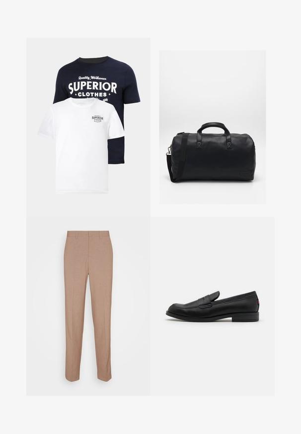 Twee t-shirts: een marineblauwe met witte grafische tekst "SUPERIOR CLOTHES," en een witte met een kleiner marineblauw logo. Beiden zijn van katoen en hebben een ronde hals.; Beige, op maat gemaakte broek van een gladde, gestructureerde stof. Rechte pasvorm met een tailleband en zonder zichtbare versieringen of zakken.; Zwarte leren instappers met een gladde afwerking, ronde neus en een kleine decoratieve flap. Heeft een lage gestapelde hak en een subtiel merkteken.; Zwarte duffelbag gemaakt van textuursynthetisch materiaal. Beschikt over twee handvaten en een verstelbare schouderband. Eenvoudig ontwerp zonder zichtbare patronen.