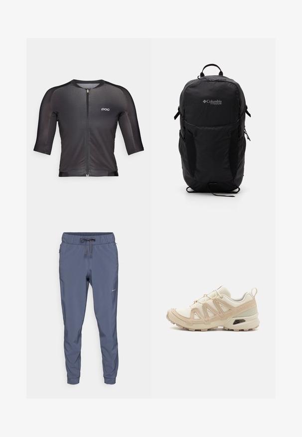 Maillot de cyclisme noir avec des manches trois-quarts, fermeture zip à l'avant, branding minimal. Fabriqué en tissu lisse et extensible avec un design ajusté.; Patagonia TERREBONNE JOGGERS - Pantalons outdoor - smolder blue; Baskets de sport beiges et crème avec une tige en mesh texturé, des superpositions de soutien et une semelle en caoutchouc dotée d'un motif de crampons pour une traction.; Sac à dos Columbia Titanium noir avec une texture de tissu lisse, poches latérales, poignée supérieure et bretelles réglables. Design minimaliste avec un petit logo.