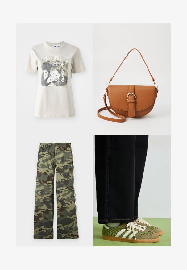 T-shirt de algodão bege com decote redondo. Apresenta uma impressão gráfica com personagens e texto de "Buffy", em tons de preto e cinza.; Calças cargo com padrão camuflado em tons de verde e castanho, apresentando um design de perna larga, cintura elástica e bolsos laterais com riscas.; Sneakers verdes trançados com riscas brancas, detalhes em camurça e sola de borracha de goma, combinados com calças de ganga pretas.; Bolsa transversal de couro castanho com um formato curvado, ferragens douradas e um detalhe de fivela. Inclui uma alça de ombro destacável.