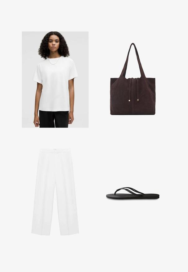 Weißes Baumwoll-T-Shirt mit lockerer Passform, kurzen Ärmeln und Rundhalsausschnitt. Glatte Textur, ohne Muster, getragen mit einer einfachen Halskette.; Rot-weiß kariertes Gewebe mit einer leichten Textur, das vier Knöpfe enthält. Das Muster weist dünne schwarze Linien für Details auf.; Weite weiße Hosen mit glatter Textur, ausgestattet mit einem hohen Bund und zwei Seitentaschen. Einfaches Design ohne sichtbare Muster.; Schwarze Flip-Flops mit einer strukturierten Gummisohle, zwei schlanken Riemen und einem dezenten, geprägten Logo-Detail auf dem Riemen.; Mango Shopping Bag - dark brown