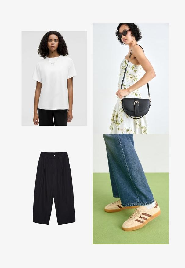 Bílý bavlněný tričko s volným střihem, krátkými rukávy a kruhovým výstřihem. Hladká textura, bez vzorů, nošeno s jednoduchým řetízkem na krku.; Černé polyesterové culotte kalhoty s elastickým pasem, dvěma předními sklady a volným siluetou. Žádné viditelné vzory ani kovové detaily.; Beige tenisky s texturovanými krémovými panely a hnědými pruhy, kombinované s modrými džínovými kalhotami. Džínsy mají široké nohavice a roztrhaný lem.; Černá kožená kabelka s křivkovým tvarem, odnímatelným popruhem a zlatými detaily. Kabelka má klopu s přezkou.