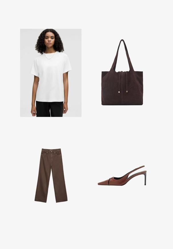 Vit bomullströja med avslappnad passform, korta ärmar och rund halsringning. Slät textur, utan mönster, bärs med ett enkelt kedjehalsband.; Breda bruna jeans i denim med hög midja, framfickor och klassisk knäppning. Slät textur med subtil sömnad.; Brun läder slingbackklack med spetsig tå, utskärning vid framv delen och en elegant stilettklack. Slät yta.; Mango Shoppingväska - dark brown