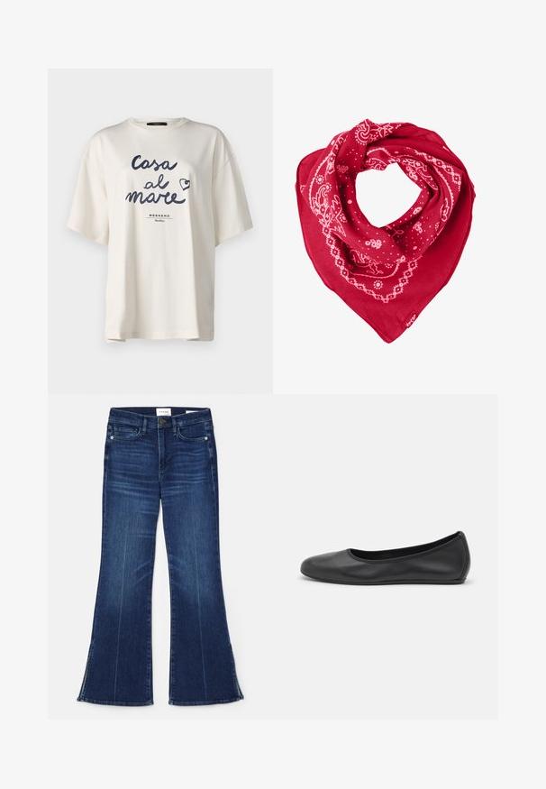 Weekend Max Mara XANADU - Print T-shirt - bianco; Dark blue flared jeans made from denim. Features a high waist, front pockets, and slit details at the hem. Classic five-pocket design.; Black leather ballet flat with a rounded toe, smooth texture, minimal stitching detail, and a flexible sole design.; Red bandana scarf made of cotton, featuring white paisley and dot patterns, with a triangular shape and a tag in the lower corner.