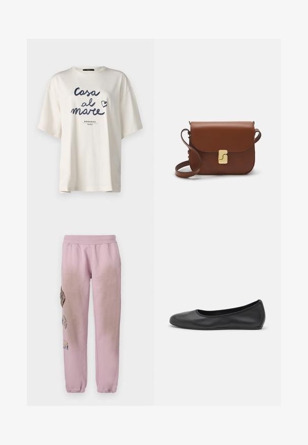 WEEKEND MaxMara XANADU - Print T-shirt - bianco; Pink sweatpants with an elastic waistband, featuring decorative patches in diamond shapes on the left side and elastic cuffs at the ankles.; Black leather ballet flat with a rounded toe, smooth texture, minimal stitching detail, and a flexible sole design.; Brown leather handbag with a flap closure, gold-tone hardware, a shoulder strap, and a smooth texture. Compact rectangular shape.
