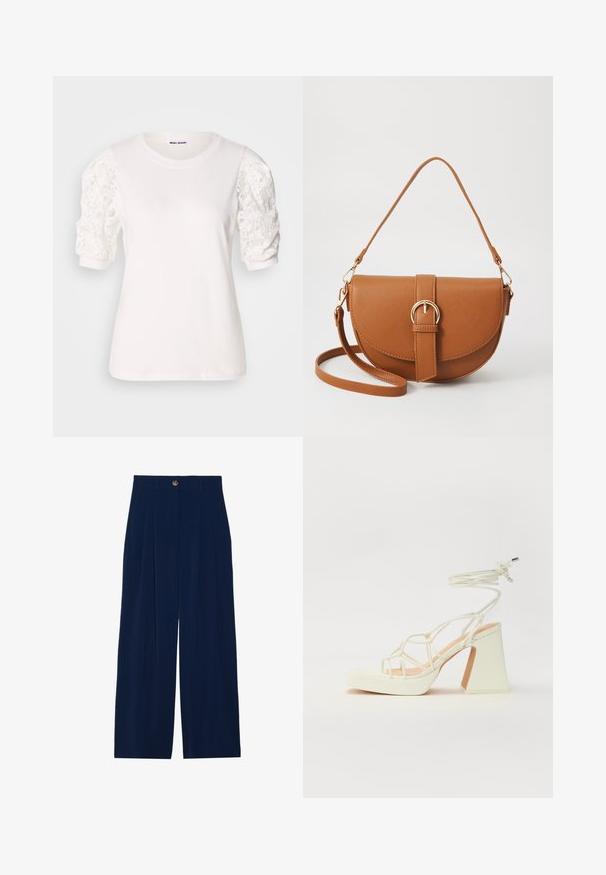 Balta T-krekls ar īsām, pūkainām piedurknēm, kas izgatavots no mežģīnēm. Apaļš kakla izgriezums, mīksta struktūra un nedaudz brīvs piegriezums. Zīmola etiķete redzama iekšpusē.; Tumši zili brīvie bikses, izgatavotas no mīksta materiāla, ar priekšējiem krokām, pogu aizdari un divām sānu kabatām.; Baltas augstpapēžu sandales ar masīvu papēdi, ar siksnu dizainu un potītes saistītiem elementiem. Gluda tekstūra ar platformu priekšpusē, lai nodrošinātu papildu augstumu.; Brūns ādas plecu soma ar izliekta formu, zelta piederumiem un sprādzes akcentu. Iesaiņota ar noņemamu plecu siksnu.