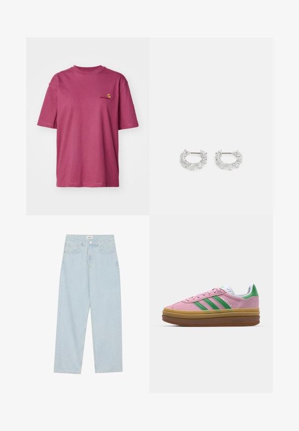 Carhartt WIP - T-shirt basic; Jasnoniebieskie dżinsy o szerokich nogawkach, wykonane z denimu, z średnim stanem, pięcioma kieszeniami oraz zapięciem na guzik z wąskim metalowym akcentem.; Różowe zamszowe sneakersy z zielonymi paskami, białymi akcentami i brązową gumową podeszwą. Posiadają teksturowany materiał i detale logo po boku.; Srebrne kolczyki w kształcie kółka z prostokątnymi i trójkątnymi przezroczystymi kryształami ułożonymi w okrągły wzór z centralnym słupkiem do zapinania.