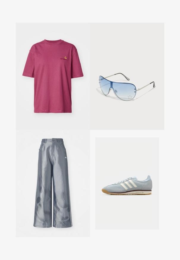 Carhartt WIP AMERICAN SCRIPT - T-shirt basique - dusty fuchsia; Pantalons à jambes larges en matériau gris brillant, présentant des bandes latérales blanches et un motif de flammes sur les jambes inférieures. Fermeture à bouton et à zip à la taille.; Baskets en suède bleu clair avec trois bandes blanches, semelle en caoutchouc et mesh texturé. Comprend un capuchon de orteil lisse et une marque sur le talon.; Lunettes de soleil aviateur avec des verres dégradés bleus, une monture en métal argenté et des accents décoratifs en forme d'étoile sur les verres. Design lisse et élégant.