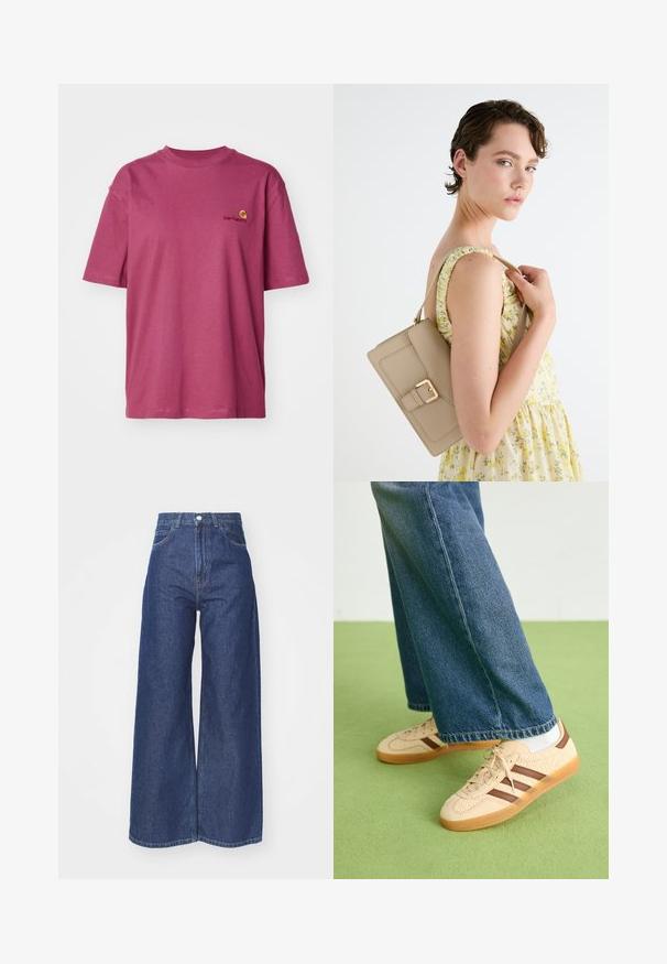 Carhartt WIP AMERICAN SCRIPT - T-shirt basic - dusty fuchsia; Jeans a gamba larga in denim blu scuro. Design a vita alta con chiusura a zip e bottone. Presenta uno stile classico a cinque tasche e bordi orlati.; Sneakers beige con pannelli texturizzati crema e strisce marroni, abbinati a jeans in denim blu. I jeans hanno un taglio largo e orlo sfilacciato.; Borsa a tracolla in pelle beige con design strutturato, accentuata da una fibbia dorata e dotata di una tracolla regolabile, mostrata su uno sfondo chiaro.