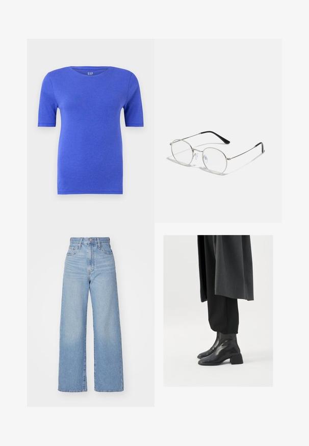 Blue short-sleeve t-shirt made of soft cotton with a classic round neckline, featuring a subtle texture and the brand logo on the collar.; Light blue high-waist wide-leg jeans with front button and zip closure, front and back pockets, on a white background.; Black leather ankle boots with a square toe and chunky heel, worn with loose black trousers and a dark gray coat. Smooth surface texture.; Round metal eyeglasses with a slim silver frame, clear lenses, and black temples featuring rubber tips for comfort. Minimalist design.