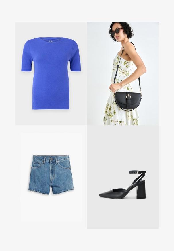 T-shirt blu a maniche corte in morbido cotone con scollo rotondo classico, caratterizzato da una texture sottile e dal logo del marchio sul colletto.; Shorts in denim blu chiaro, con cinque tasche, chiusura a zip e bottone. L'orlo è sfilacciato e presenta un design a vestibilità rilassata.; Pump in pelle nera con punta affusolata, cinturino alla caviglia e tacco spesso. Texture piatta, design elegante ed estetica minimalista.; Borsa a tracolla nera in pelle con una forma curva, manico rimovibile e accessori dorati. La borsa presenta una patta con un dettaglio a fibbia.